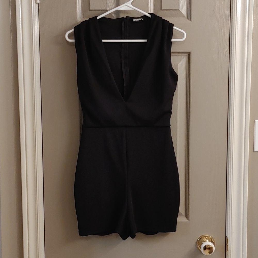 Women's Missguided Black Ribbed Romper with Plunge Neckline